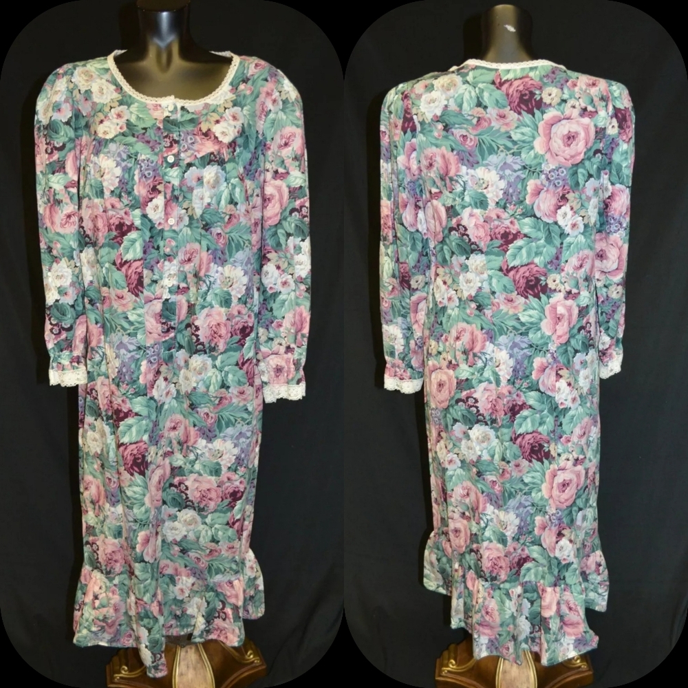 Willow Creek Vintage Floral Cotton Ruffle Long Sleeve Night Gown sz M